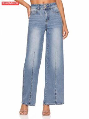 Womens High Waisted Wide Leg Jeans Double Button Front Seam Denim Pants
